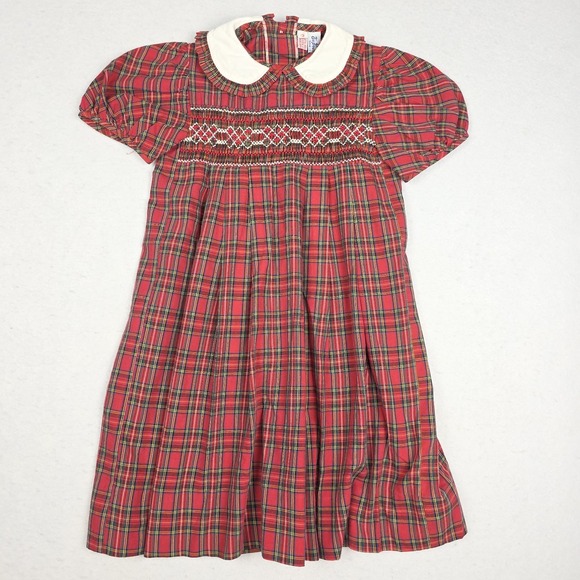 VTG‎ Orient Express Girls Short Sleeve Dress 3 Red Plaid Smock Holiday Hong Kong - Picture 1 of 12